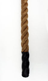 Close-up of a thick, braided manila rope with a black poly boot end against a white background.
