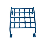 Blue metal grid climber with square rungs and curved top, designed for playground use.
