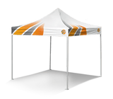 White 10'x10' event tent with orange and gray stripes and a logo on the valance.