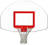Fan-shaped basketball backboard with a red square target, red rim, and white net.