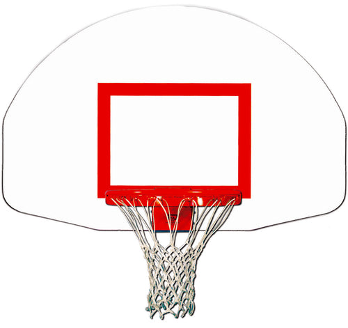 Fan-shaped basketball backboard with a red square target, red rim, and white net.