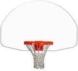 Clear fan-shaped basketball backboard with an orange rim and white net.