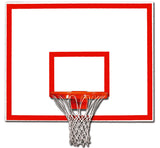 White basketball backboard with red markings, orange rim, and white net.