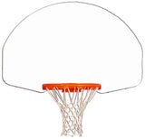 Fan-shaped basketball backboard with an orange rim and white net against a white background.