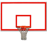 White basketball backboard with red markings, orange rim, and white net.