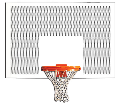 White perforated steel basketball backboard with an orange rim and white net.