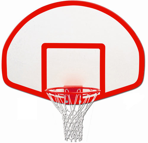 White fan-shaped fiberglass basketball backboard with red trim and square, red hoop with white net.