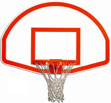 White fan-shaped basketball backboard with orange trim, target, hoop, and white net.