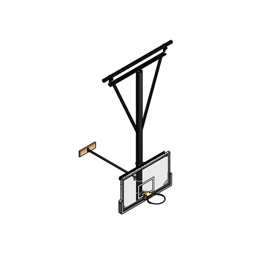 Black ceiling-hung basketball backstop with a clear rectangular backboard and orange rim.