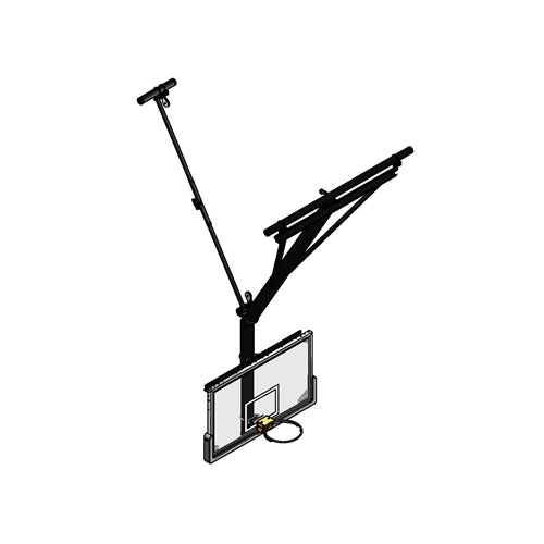 Ceiling-hung basketball backstop with a clear backboard, black rim, and a folding support structure.