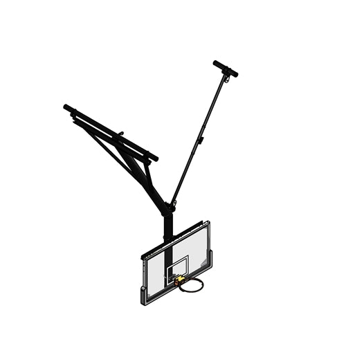 Ceiling-hung basketball backstop with a clear backboard, black support structure, and an orange rim.