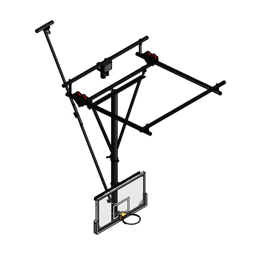 Ceiling-hung basketball backstop with clear backboard, black frame, and folding mechanism.