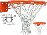 Orange basketball rim with white net, mounting bracket, and a diagram of dimensions.