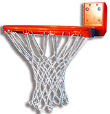 Orange basketball rim with a white net and a rear-mount bracket.