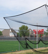 Black multi-sport cage net with 3/4" square mesh, set up outdoors on a sports field.