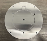 Round chrome cover plate with a central rectangular flip-up access panel and 6 screw holes.