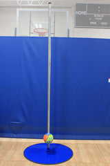 Portable tetherball system with a blue base, silver pole, and multi-colored ball attached.