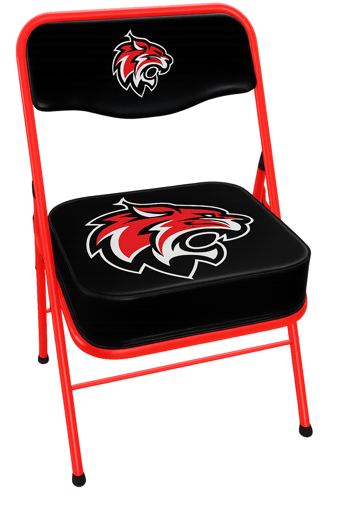Red folding chair with black seat and back, each featuring a red and white wildcat logo.