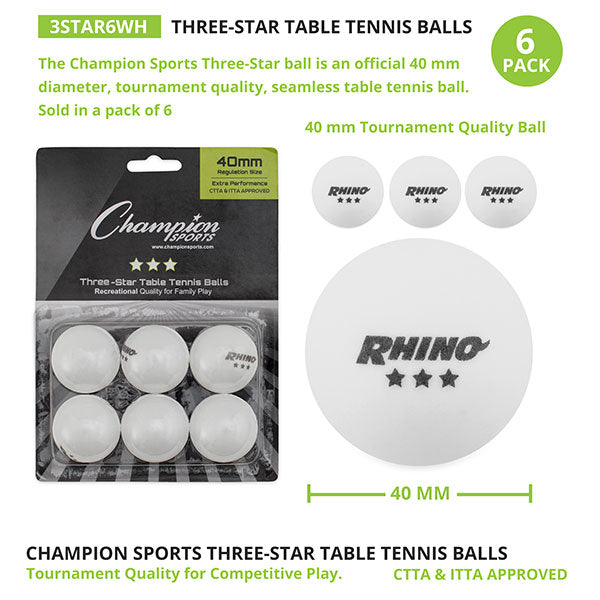 3-Star Tournament Table Tennis Balls, 6 Pack