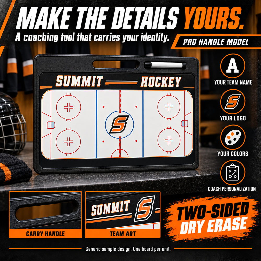 Custom hockey pro coaching board: MAKE THE DETAILS YOURS.; A coaching tool that carries your identity.; PRO HANDLE MODEL; YOUR TEAM NAME; YOUR LOGO; YOUR COLORS; COACH PERSONALIZATION; TWO-SIDED DRY ERASE. ; Generic sample design. One board per unit.