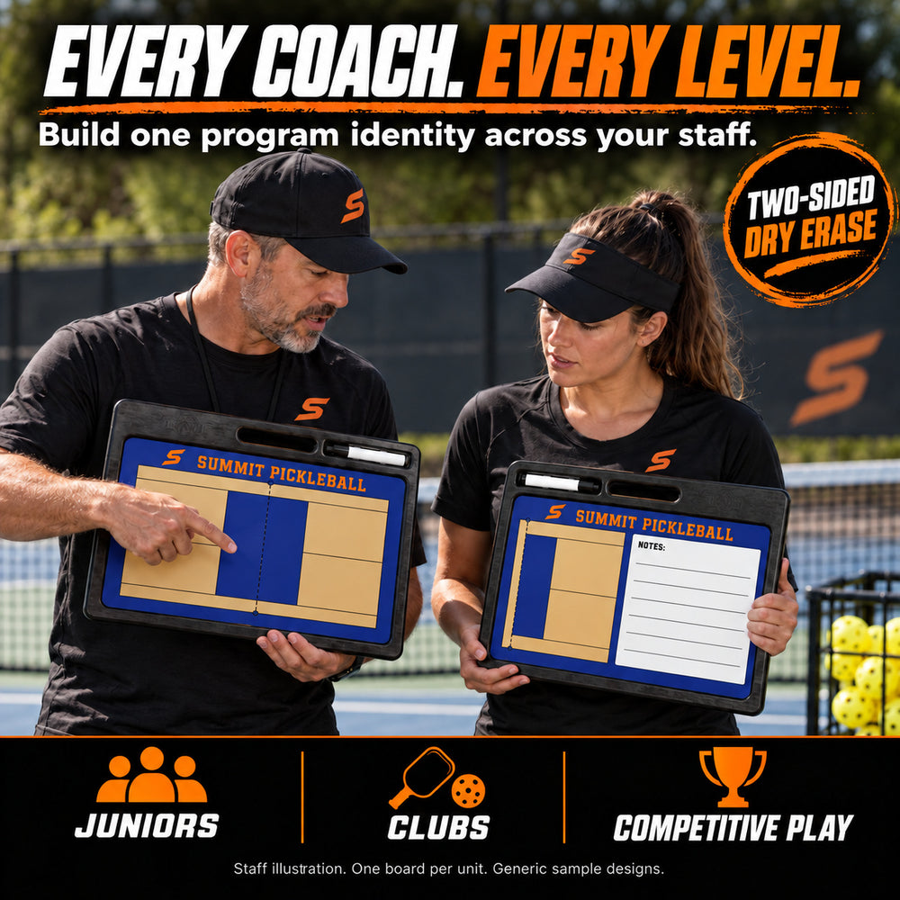 Custom pickleball pro coaching board: Every coach. every level.. Two-sided dry erase. Staff illustration. One board per unit. Generic sample designs.