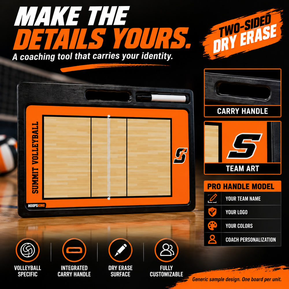 Custom volleyball pro coaching board: MAKE THE DETAILS YOURS.; A coaching tool that carries your identity.; PRO HANDLE MODEL; YOUR TEAM NAME; YOUR LOGO; YOUR COLORS; COACH PERSONALIZATION; TWO-SIDED DRY ERASE. ; Generic sample design. One board per unit.