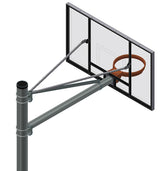 Basketball hoop with clear backboard and orange rim mounted on a gray post with adjustable support arms.