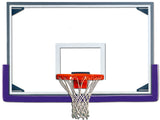 Oversized aluminum-framed glass basketball backboard with purple padding, orange rim, and white net.