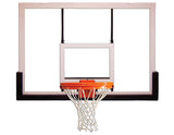 Acrylic basketball backboard with an orange rim and white net.