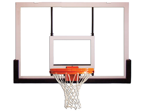Clear acrylic basketball backboard with white frame, orange rim, and white net.