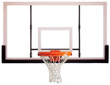 Clear acrylic basketball backboard with orange rim and white net.