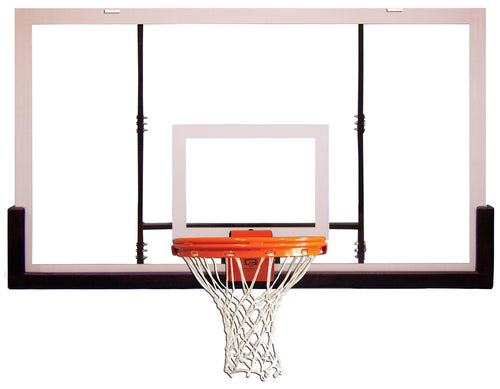 Clear acrylic basketball backboard with orange rim and white net.