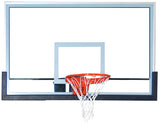 Glass basketball backboard with an orange rim and white net.