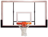 Full-sized glass basketball backboard with an orange rim and white net, isolated on a white background.