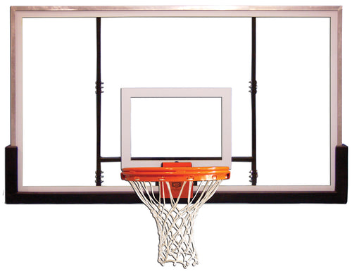 Full-sized glass basketball backboard with an orange rim and white net, isolated on a white background.