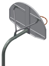 Gooseneck post with backboard and basketball rim from a low angle, showing the backboard support structure.