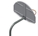 Gooseneck basketball post with a gray backboard and orange rim, viewed from behind.