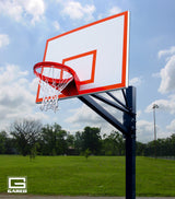 White basketball backboard with orange trim and red rim with white net on a black pole against a blue sky.