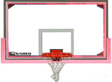 Glass basketball backboard with red LED lights around the perimeter and a red hoop with a white net.