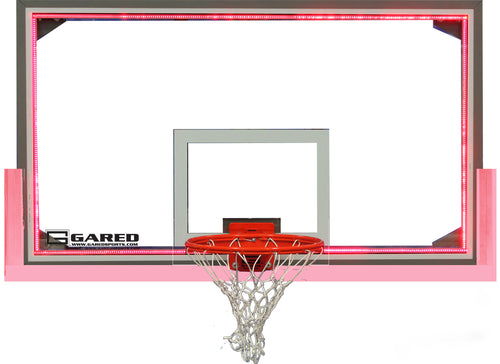 Glass basketball backboard with red LED lights around the perimeter and a red hoop with a white net.