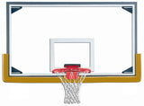 Glass basketball backboard with red rim, white net, and gold padding.