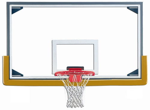 Glass basketball backboard with red rim, white net, and gold padding.