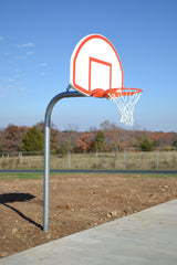 Gooseneck basketball hoop with white backboard, orange rim, and white net on a dirt court under a blue sky.
