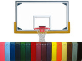 Basketball backboard with red hoop and net, plus a row of colorful backboard padding options below.