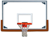 Oversized steel-framed glass basketball backboard with an orange rim and white net.