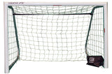 White soccer goal with green net and black weight bag.