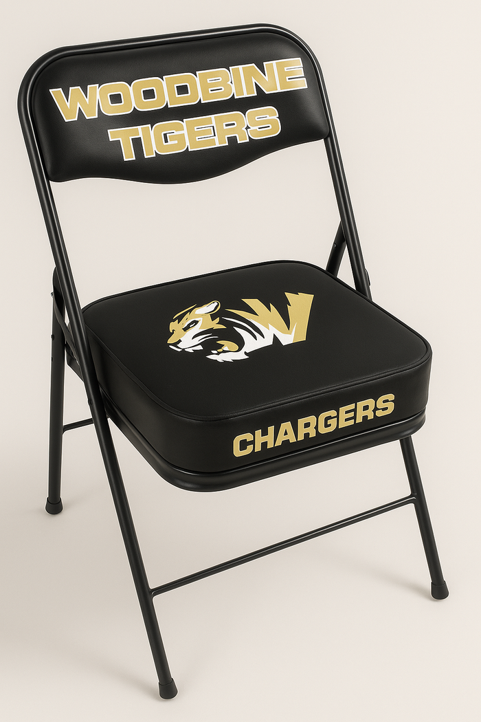 Black folding chair with "WOODBINE TIGERS" on back, tiger logo on seat, and "CHARGERS" on front edge.