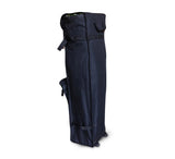 Dark blue canopy tent travel bag with wheels, handles, and side pockets.