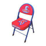 Red and blue folding chair with "Rocktown Raptors" logo on back and "R" on seat.