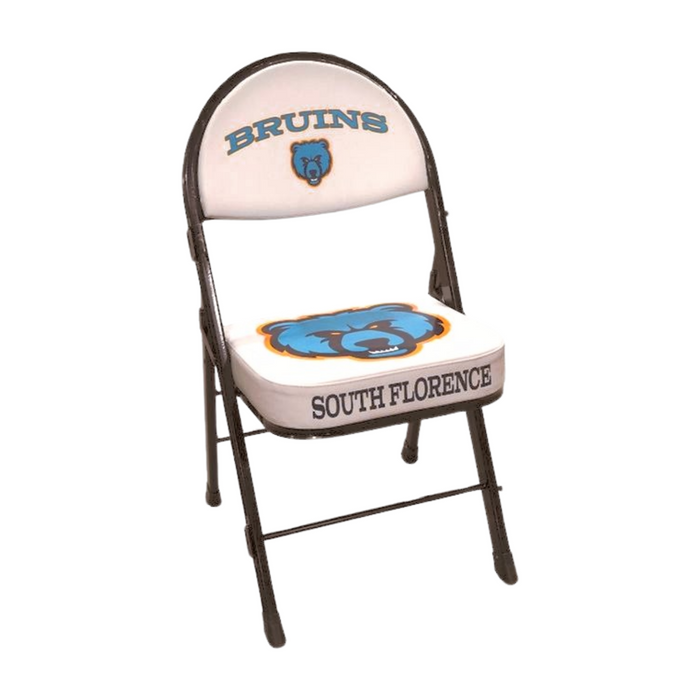 White folding chair with "BRUINS" and a blue bear logo on the back, and "SOUTH FLORENCE" on the seat.